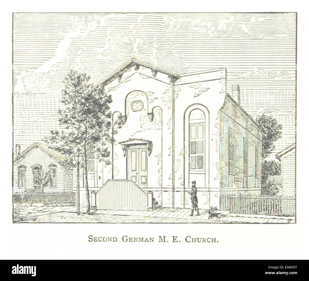 Questa illustrazione del 1884 raffigura la seconda chiesa episcopale metodista tedesca a Detroit, mostrando le sue caratteristiche architettoniche e il suo significato per la comunità locale tedesco-americana alla fine del XIX secolo. Foto Stock