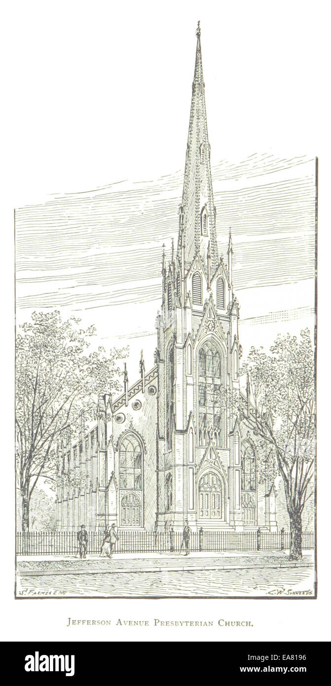 Questo schizzo del 1884 di Farmer mostra la chiesa presbiteriana di Jefferson Avenue a Detroit, catturando il significato architettonico e culturale di questo edificio storico. Foto Stock