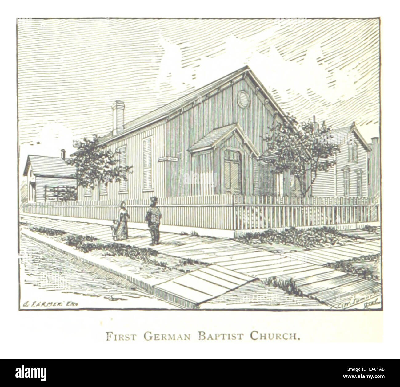 Un'illustrazione del 1884 della prima chiesa battista tedesca a Detroit, che cattura il design architettonico e il significato di questa istituzione religiosa in città. La chiesa servì come centro per la comunità di lingua tedesca a Detroit, riflettendo la diversità etnica della città durante la fine del XIX secolo. Foto Stock