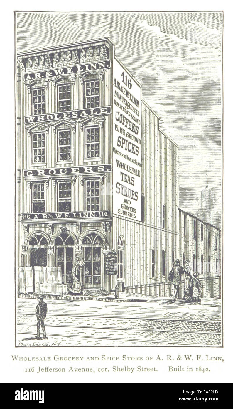 L'illustrazione del 1884 di A.R. & W.F. Linn's Wholesale Grocery and Spice Store a Detroit, costruita nel 1842, raffigura un importante stabilimento commerciale all'inizio di Detroit. Foto Stock