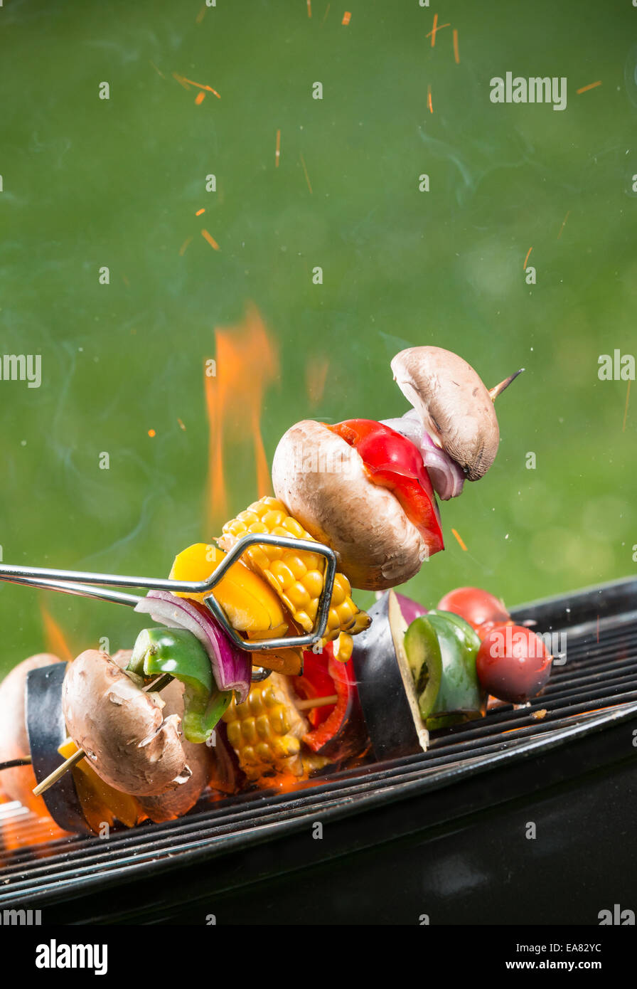 Deliziose grigliate spiedini vegetariani sui carboni ardenti Foto Stock