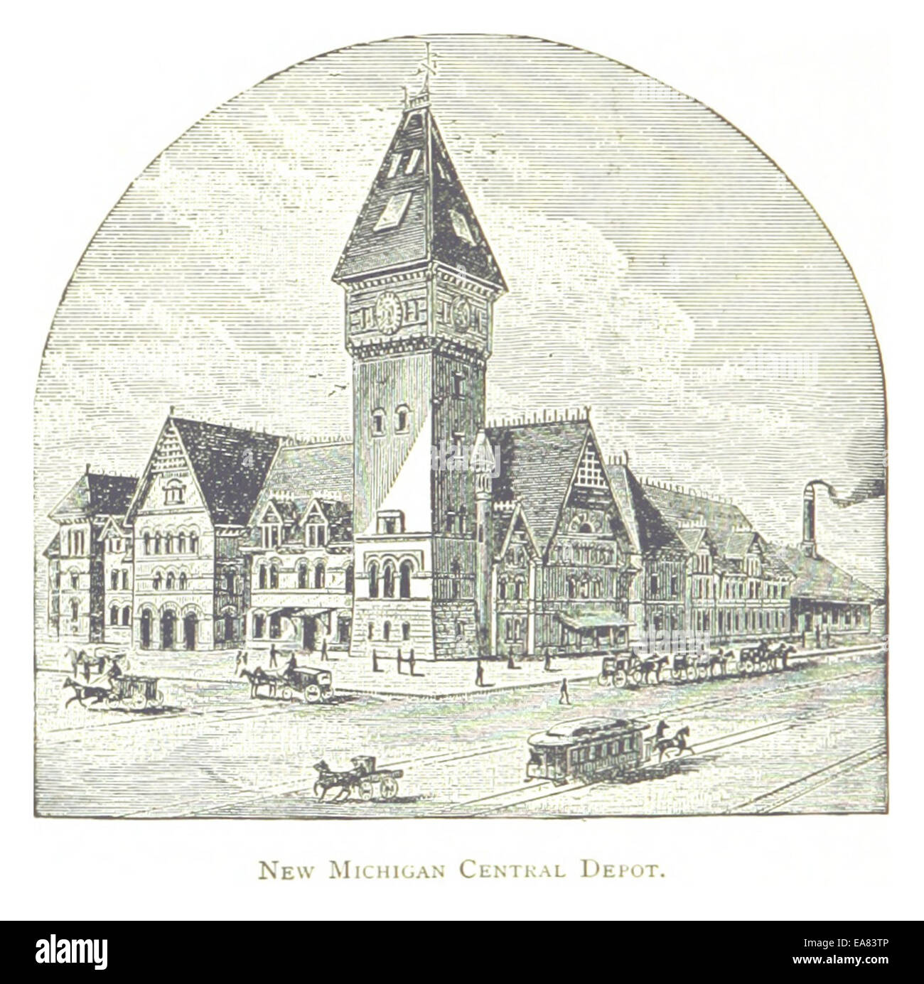 L'opera Farmer del 1884 presenta un'illustrazione del New Michigan Central Depot, uno dei principali hub di trasporto di Detroit, che mostra l'architettura e il significato di questa infrastruttura chiave durante la fine del XIX secolo. Foto Stock