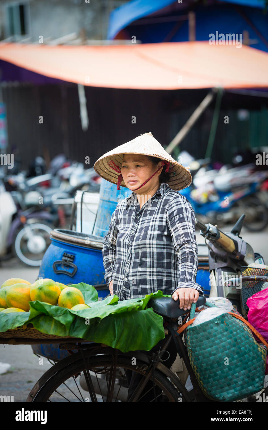 Donna vietnamita vendono frutta fresca dalla bicicletta di Dong Xuan mercato nella città vecchia di Hanoi e Foto Stock