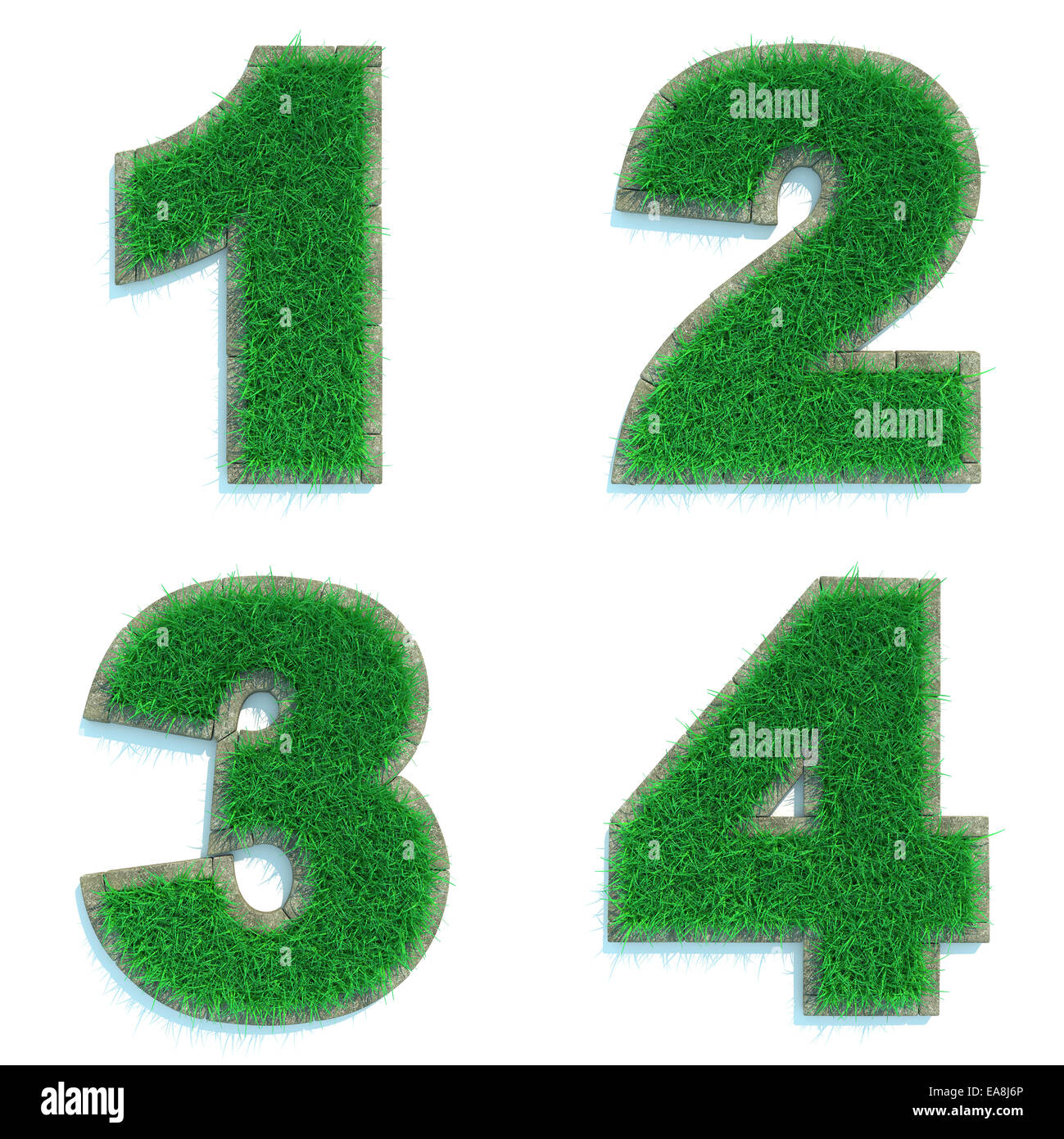 Cifre 1, 2, 3, 4 - Set di prato verde su sfondo bianco in 3d. Foto Stock
