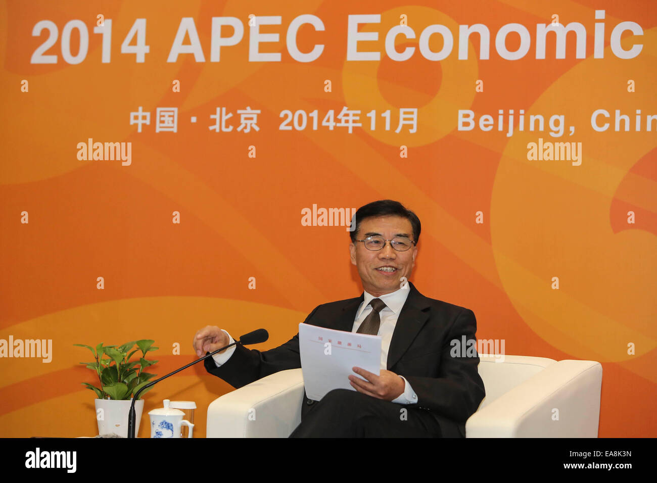 Pechino, Cina. 9 Nov, 2014. Tan Rongyao, un alto funzionario della Cina al National Energy Administration (NEA), come pure il capo di supervisore dello Stato elettricità commissione di regolamentazione, parla durante una conferenza stampa tenuta dalla NEA presso il China National Convention Center, un luogo del 2014 APEC Leader economici' settimana, a Pechino, capitale della Cina, nov. 9, 2014. Credito: Zhang Yuwei/Xinhua/Alamy Live News Foto Stock