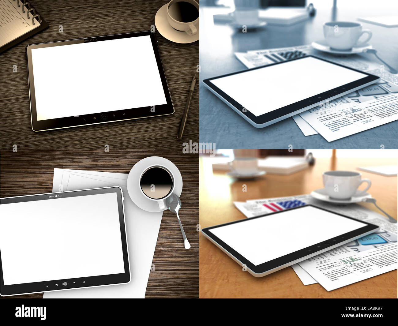 Tablet PC con schermo vuoto sul tavolo. Concetto di lavoro. Foto Stock