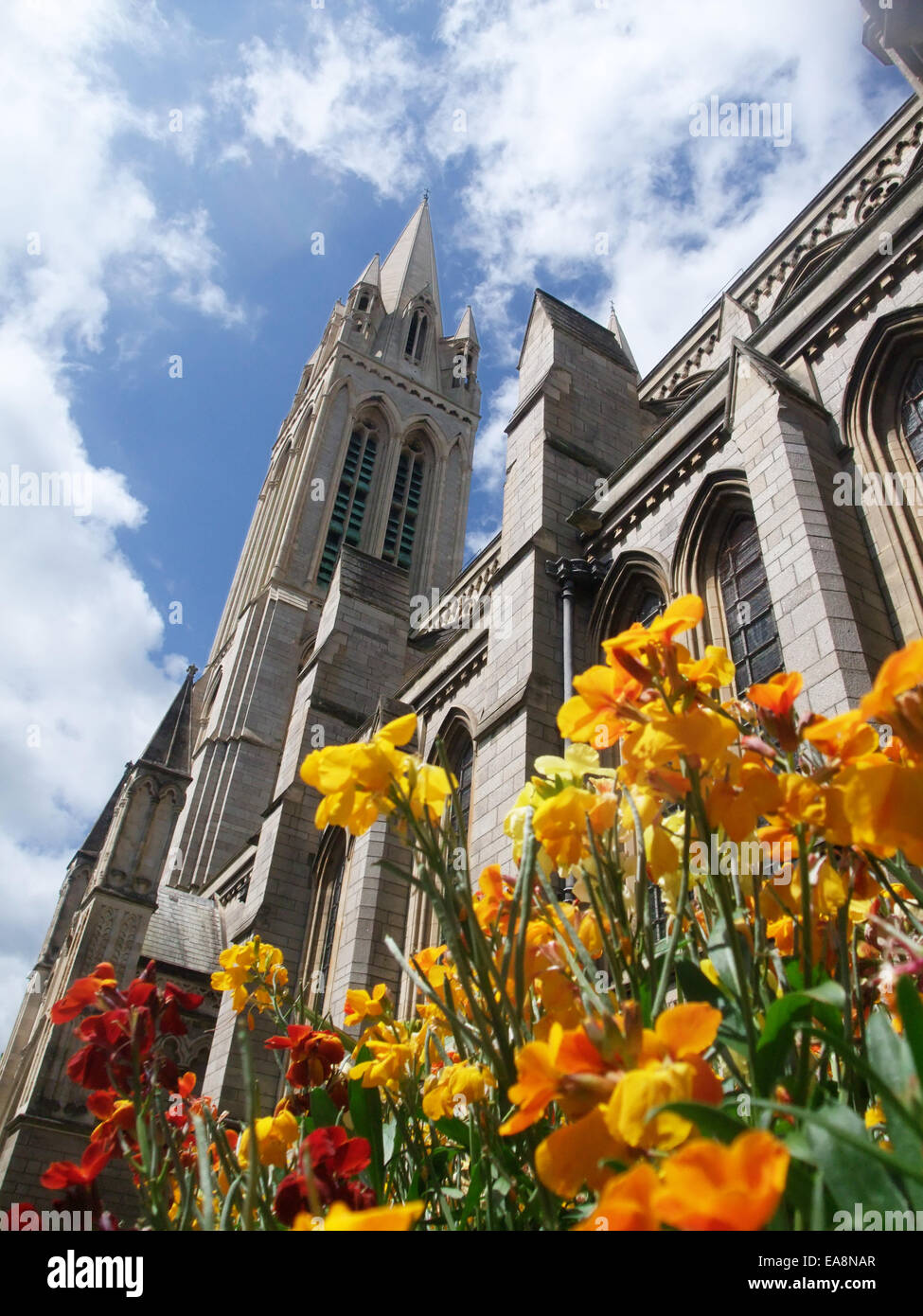 Guardando il Truro Cathedral Spires passato rosso giallo e arancione fioritura wallflowers Truro Carrick Mid Cornovaglia Sud Ovest Englan Foto Stock