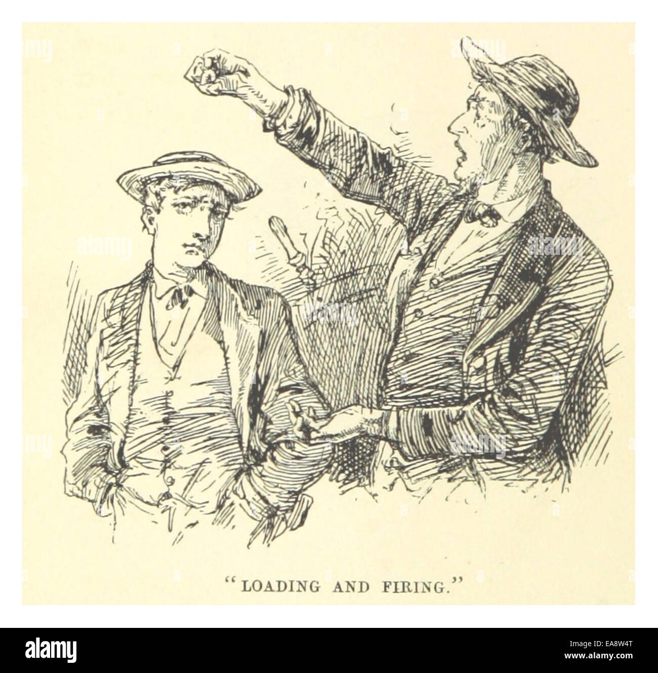 Questa illustrazione raffigura una scena del lavoro di Mark Twain del 1883, che mostra il processo di caricamento e sparamento in un momento iconico della narrazione. La figura cattura la tensione e la meccanica dell'azione. Foto Stock