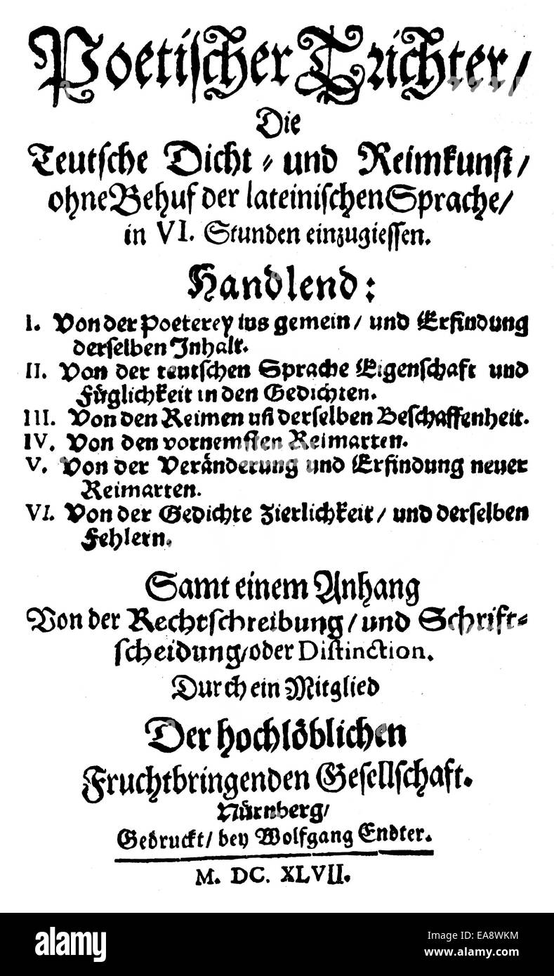 1647, pagina titolo di Georg Philipp Harsdoerffer o Harsdorf, 1607 - 1658, un poeta tedesco del periodo barocco, Historische Druck Foto Stock