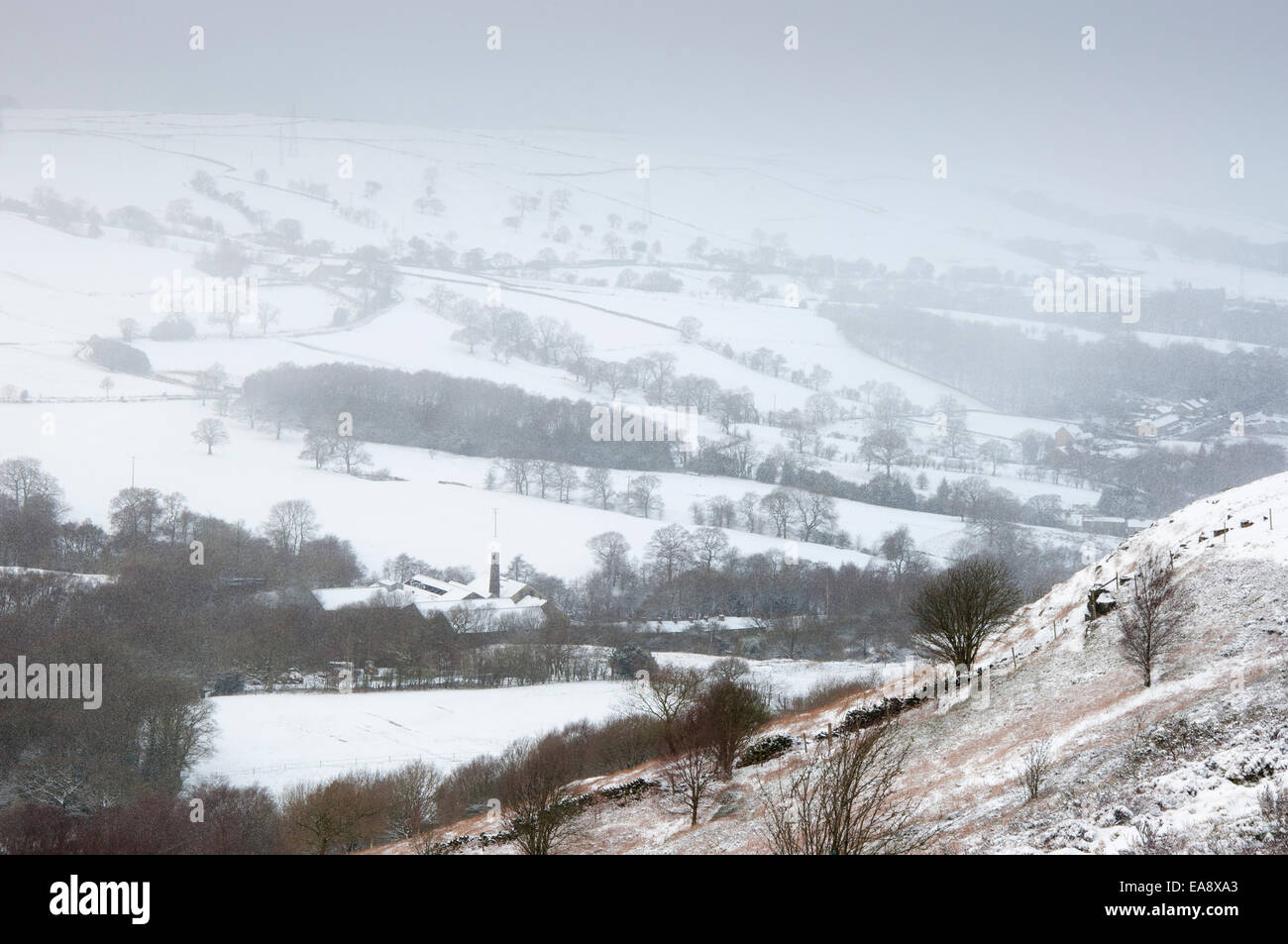 Paesaggio Innevato in Inghilterra settentrionale. Caduta di neve sulla scena rurale come visto dal bordo Coombes, Charlesworth. Foto Stock