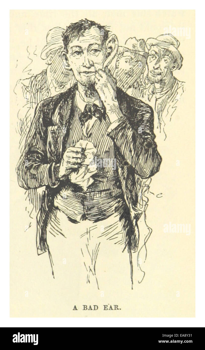 Un disegno del 1883 di Mark Twain che illustra una scena umoristica legata a un orecchio cattivo, riflettendo il suo stile satirico e comico in questo sketch. Foto Stock