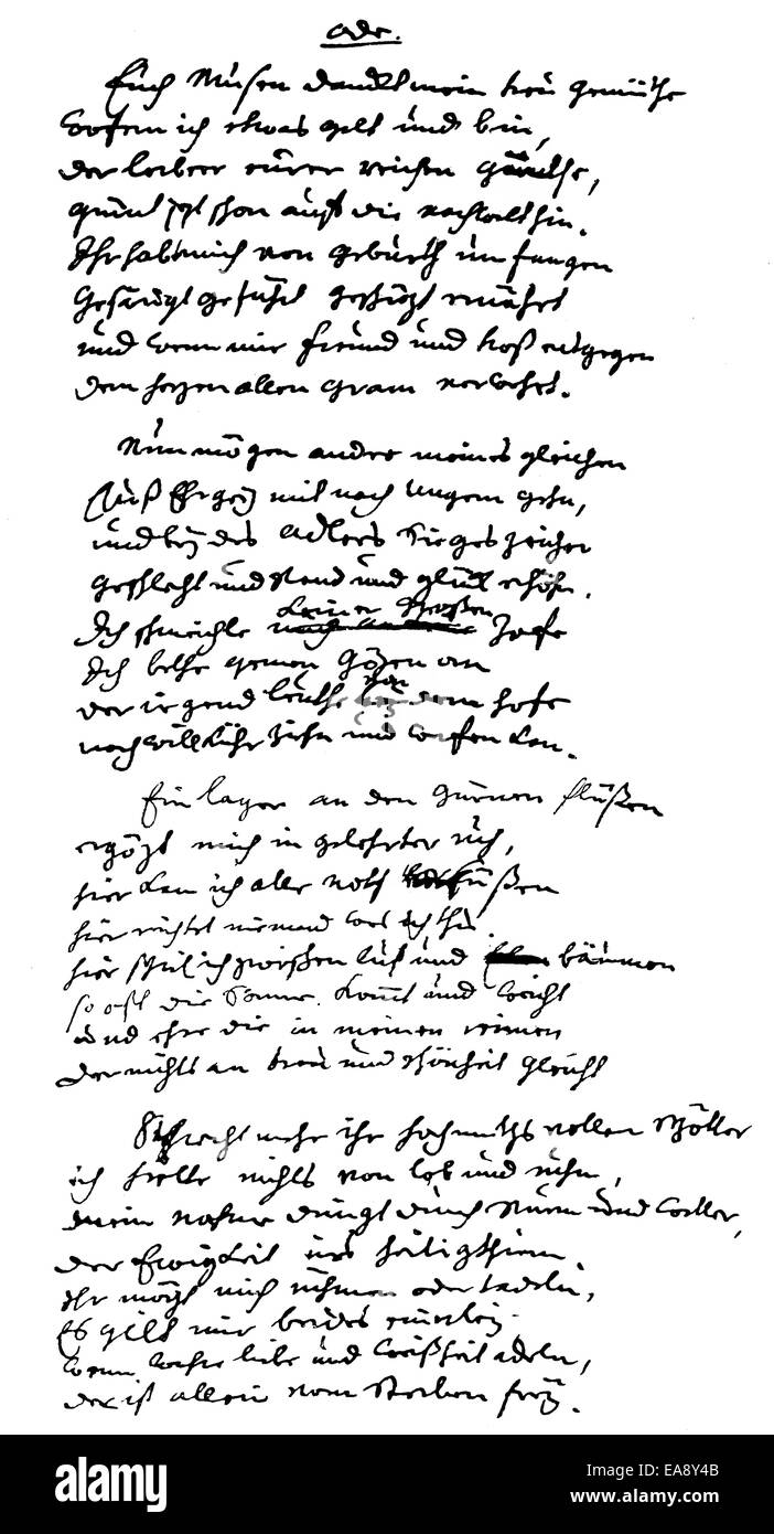 Manoscritto storico, pagina di Johann Christian Guenther, 1695 - 1723, un poeta tedesco, Historische Handschrift, Gedicht von Johann Foto Stock