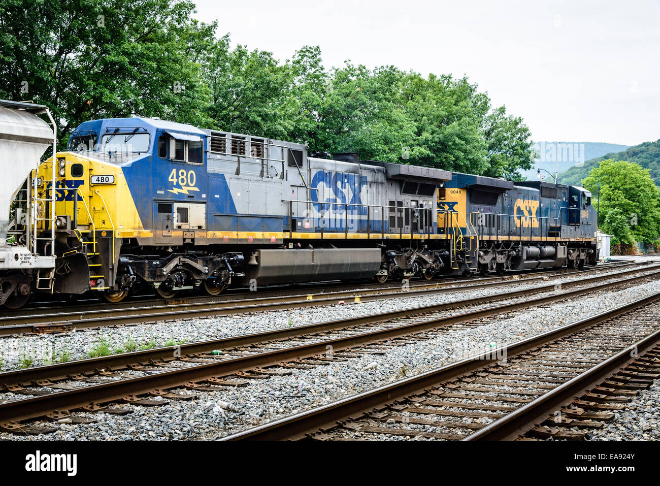 CSX C40-9W n. 9049 & AC44-CW n. 480 su un trasporto misto merci, Cumberland, Maryland Foto Stock