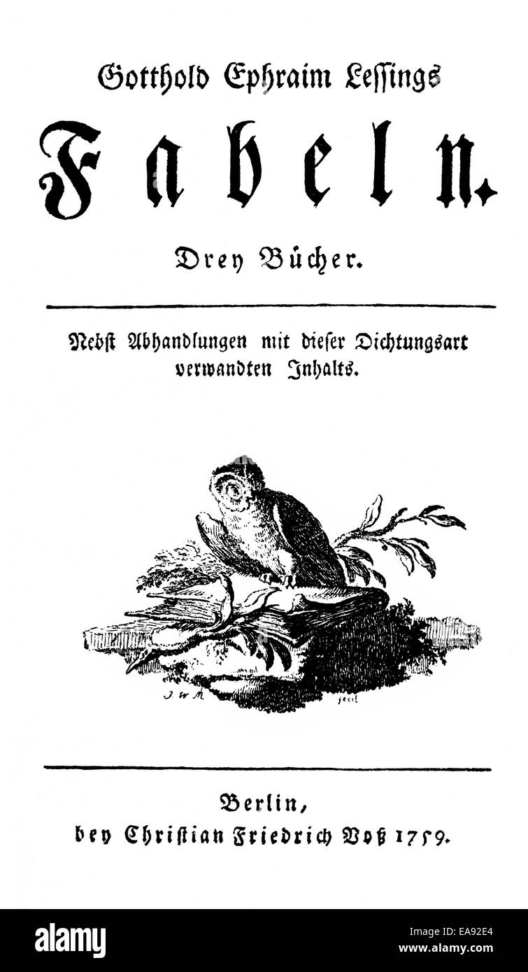 1759, la pagina del titolo della prima edizione delle favole di Gotthold Ephraim Lessing, 1729 - 1781, un poeta dell'Illuminismo tedesco Foto Stock