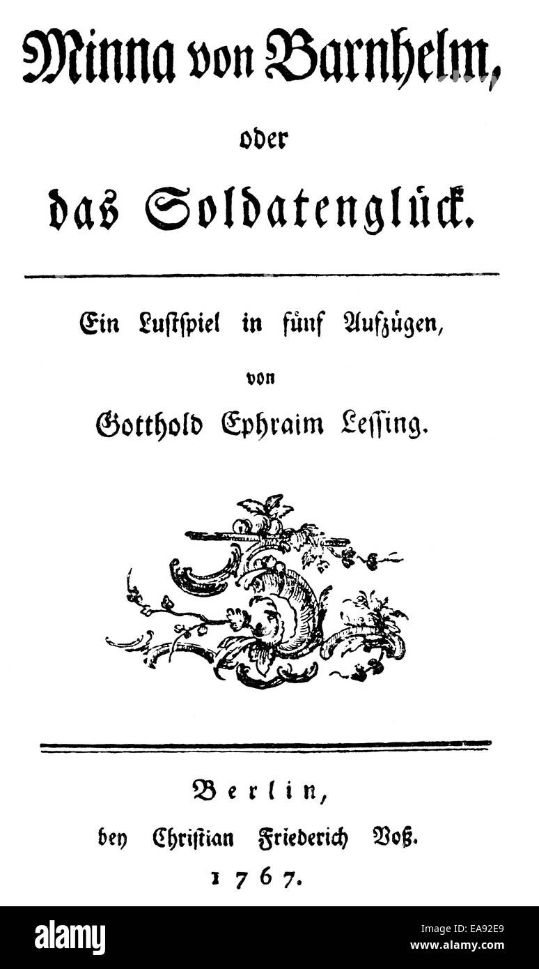 1767,pagina titolo da Minna von Barnhelm di Gotthold Ephraim Lessing, 1729 - 1781, un poeta del tedesco illuminismo, Historisch Foto Stock