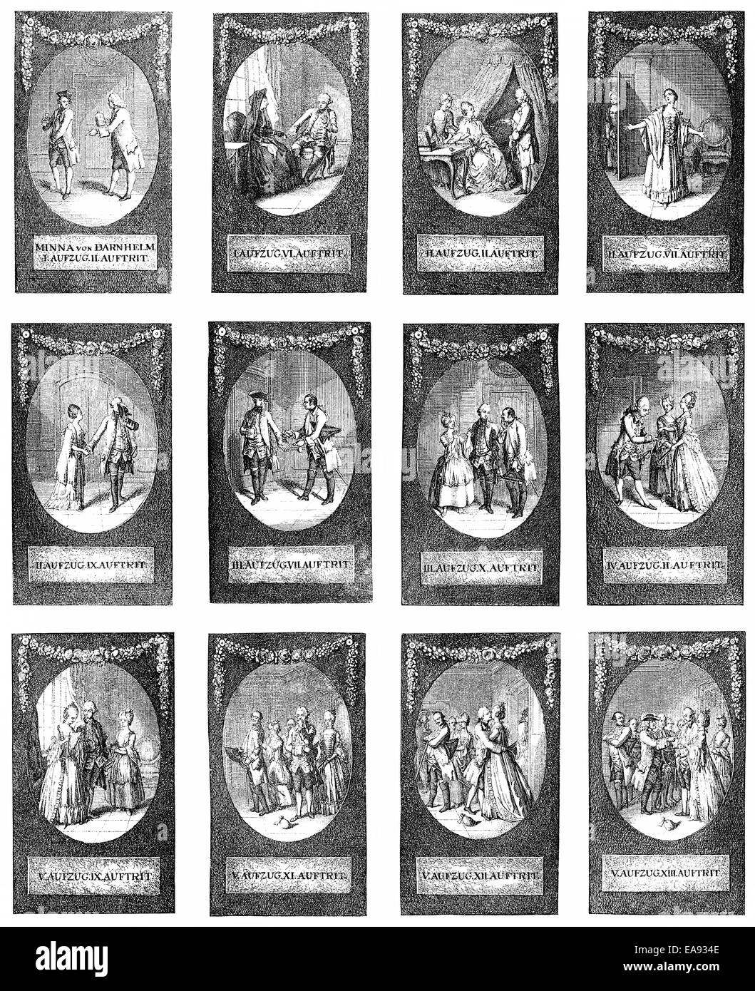 Illustrazioni di Minna von Barnhelm di Gotthold Ephraim Lessing, 1729 - 1781, un poeta del tedesco illuminismo, illustrazione Foto Stock