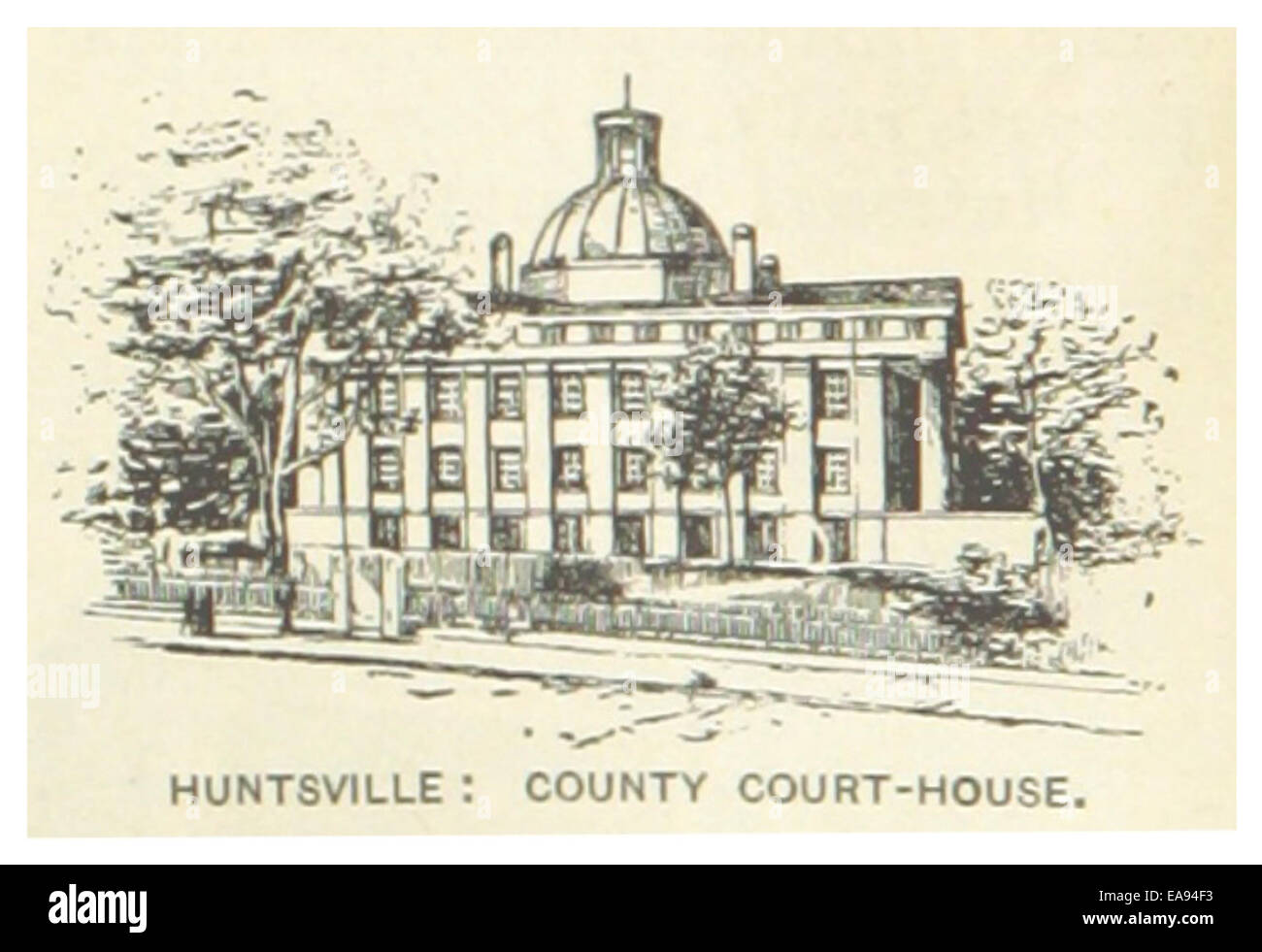 Una mappa o un'illustrazione dalla pubblicazione US-AL del 1891, incentrata sulla Corte di Huntsville, Alabama. L'immagine può mostrare il design architettonico e la posizione di questo edificio civico. Foto Stock