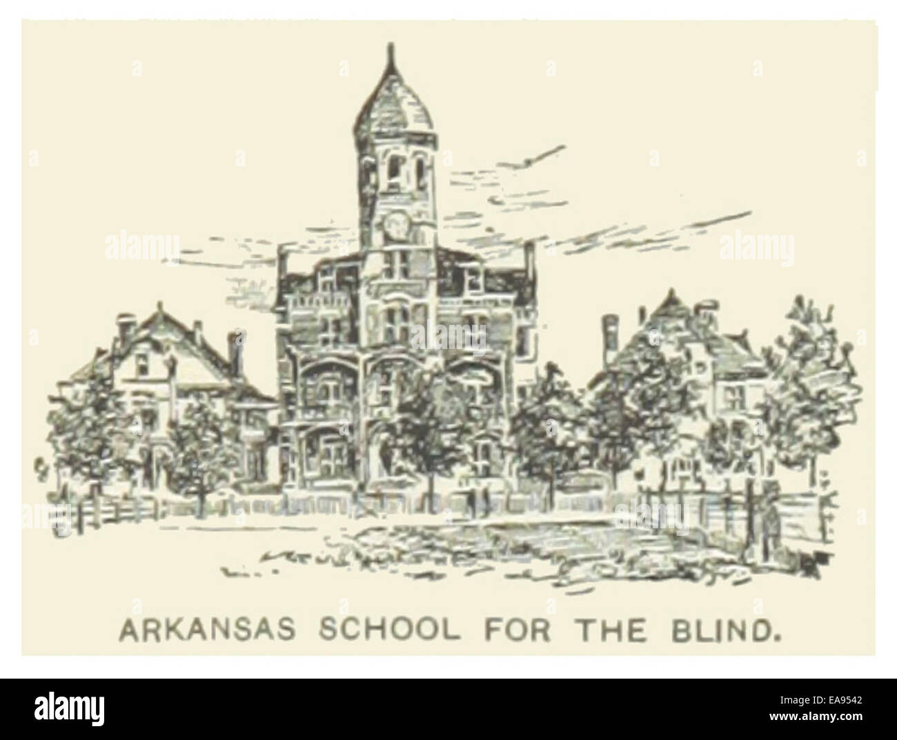 Questa illustrazione del 1891 raffigura l'Arkansas School for the Blind a Little Rock, un'istituzione chiave che fornisce istruzione agli studenti con disabilità visive alla fine del XIX secolo. La progettazione e l’ubicazione dell’edificio riflettono l’importanza di strutture educative specializzate. Foto Stock