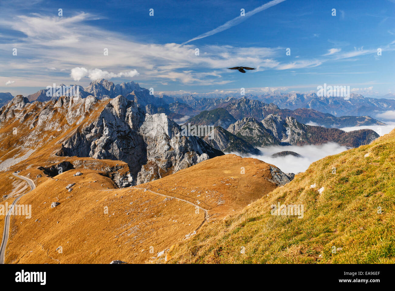 Una vista dal Mangart Montagna in Slovenia con l'Italia all'orizzonte.. Foto Stock