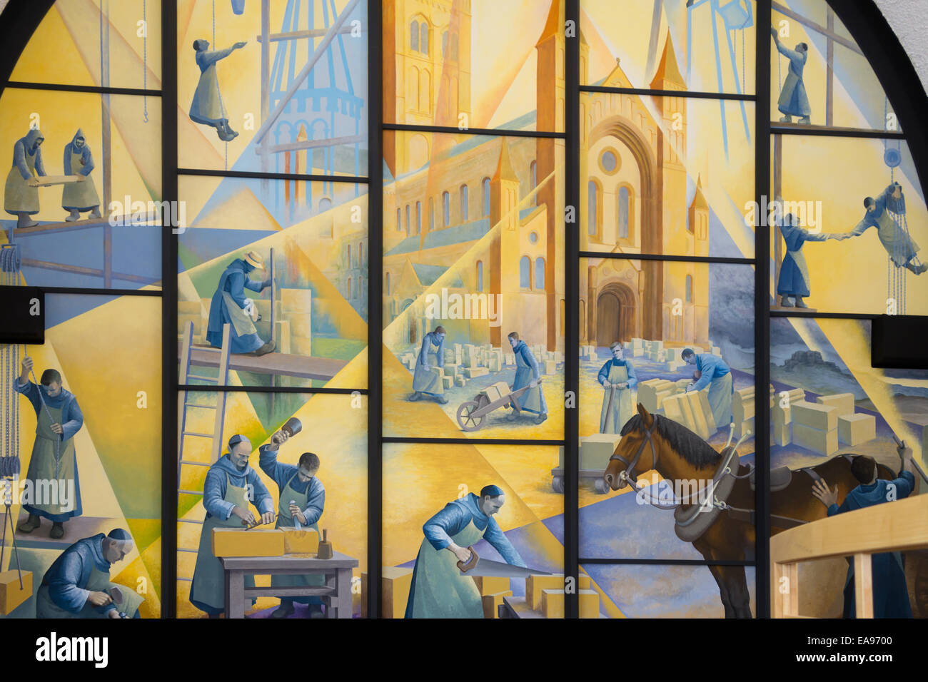 Una vista di Buckfast Abbey murale dipinto recentemente su uno dei refettori pareti, raffigurante la costruzione di Buckfast Abbey Foto Stock