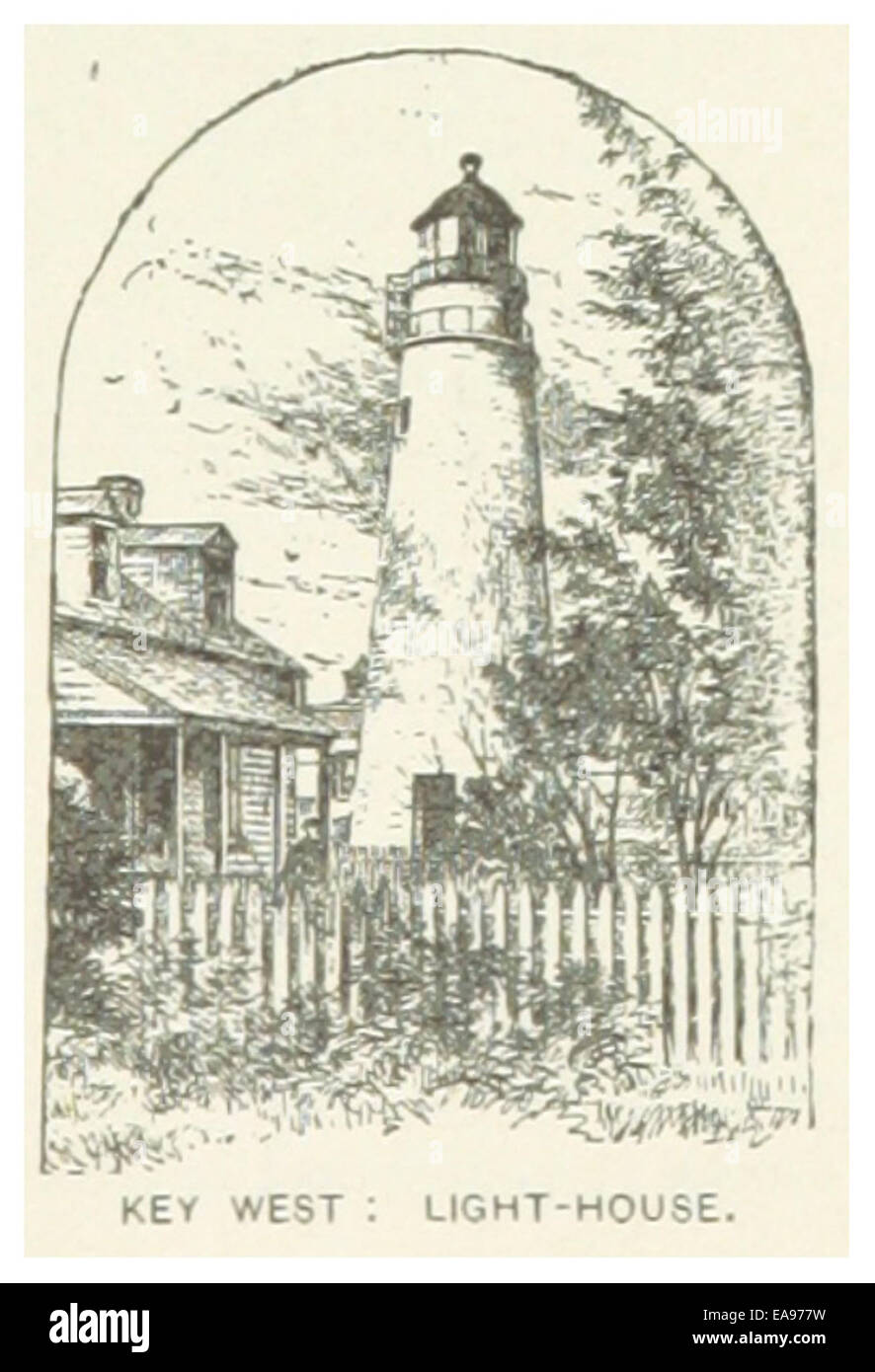Questa illustrazione del 1891 raffigura il faro di Key West in Florida, evidenziandone le caratteristiche architettoniche e il ruolo nel guidare le navi attraverso lo stretto della Florida. Il disegno riflette l'importanza del faro per la navigazione marittima. Foto Stock
