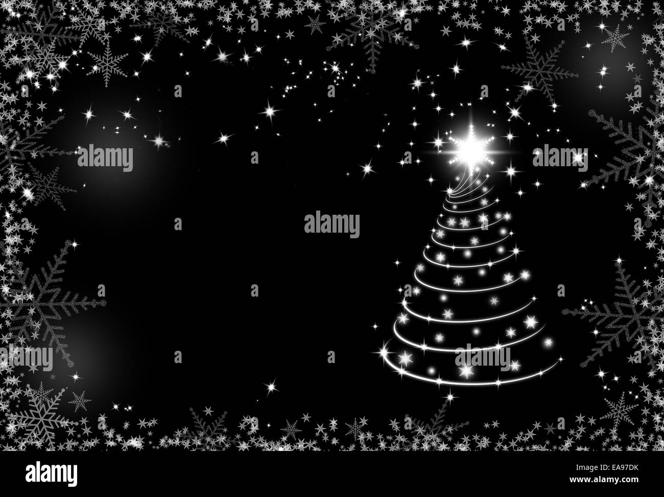 Natale in bianco e nero e sfondo bianco con telaio a fiocchi di neve e albero di Natale Foto Stock