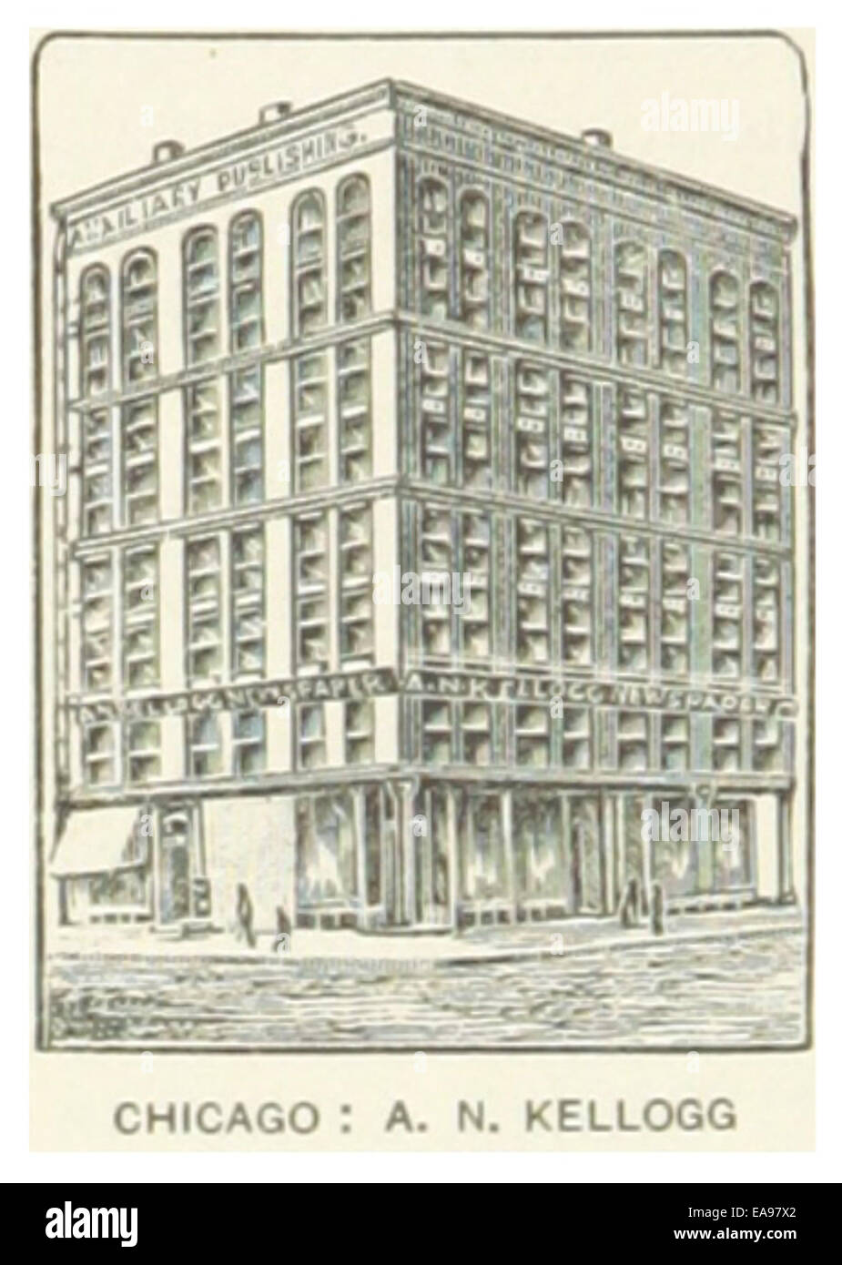 Una mappa del 1891 o un'illustrazione che mostra la A.N. Kellogg Newspaper Company di Chicago. Il riferimento sottolinea l'importanza di questa azienda nel panorama mediatico della città durante la fine del XIX secolo. Foto Stock