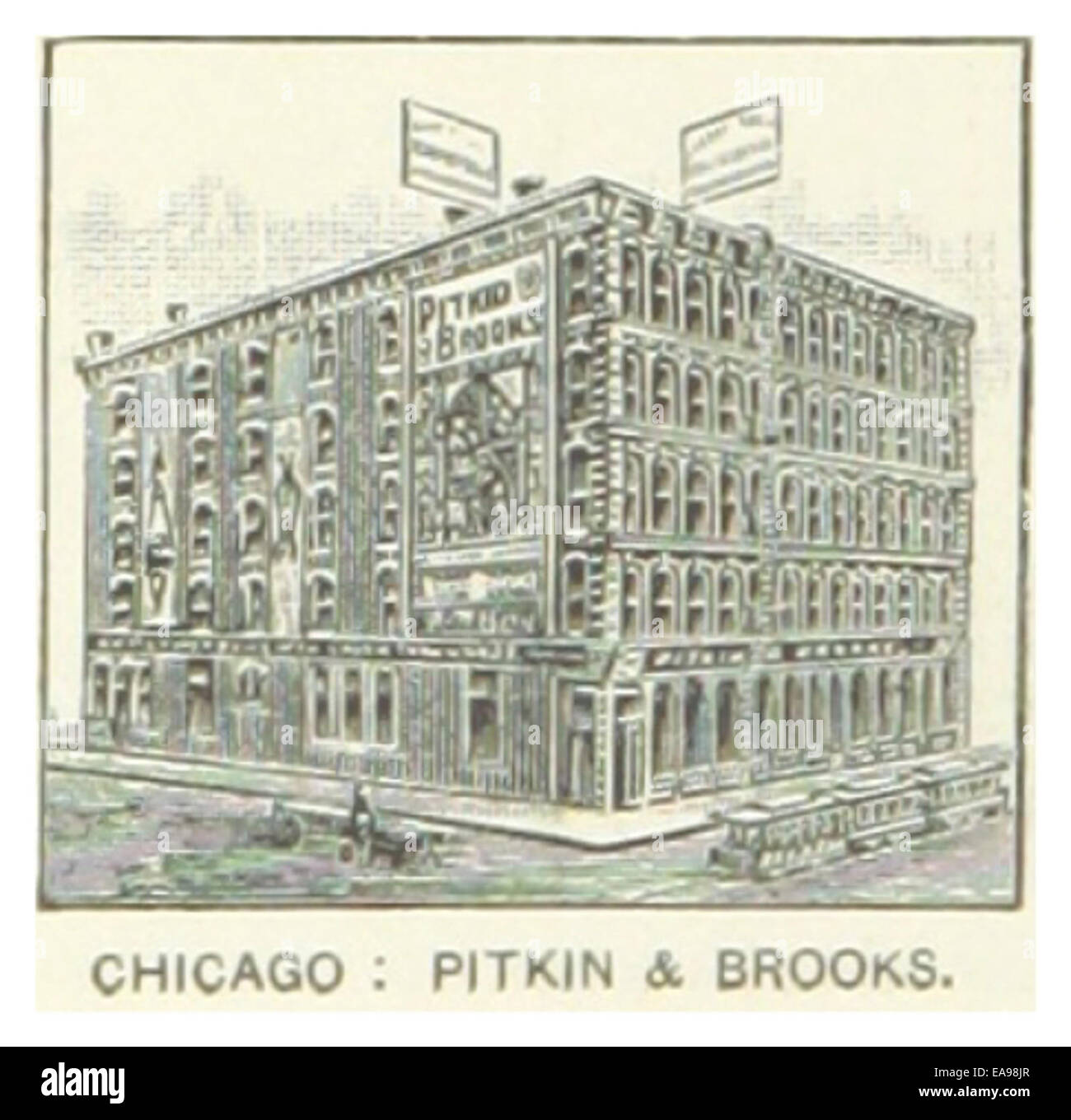 Un'illustrazione del 1891 raffigurante la Pitkin & Brooks Company a Chicago, che mostra la sua presenza industriale e commerciale durante la fine del XIX secolo. Foto Stock