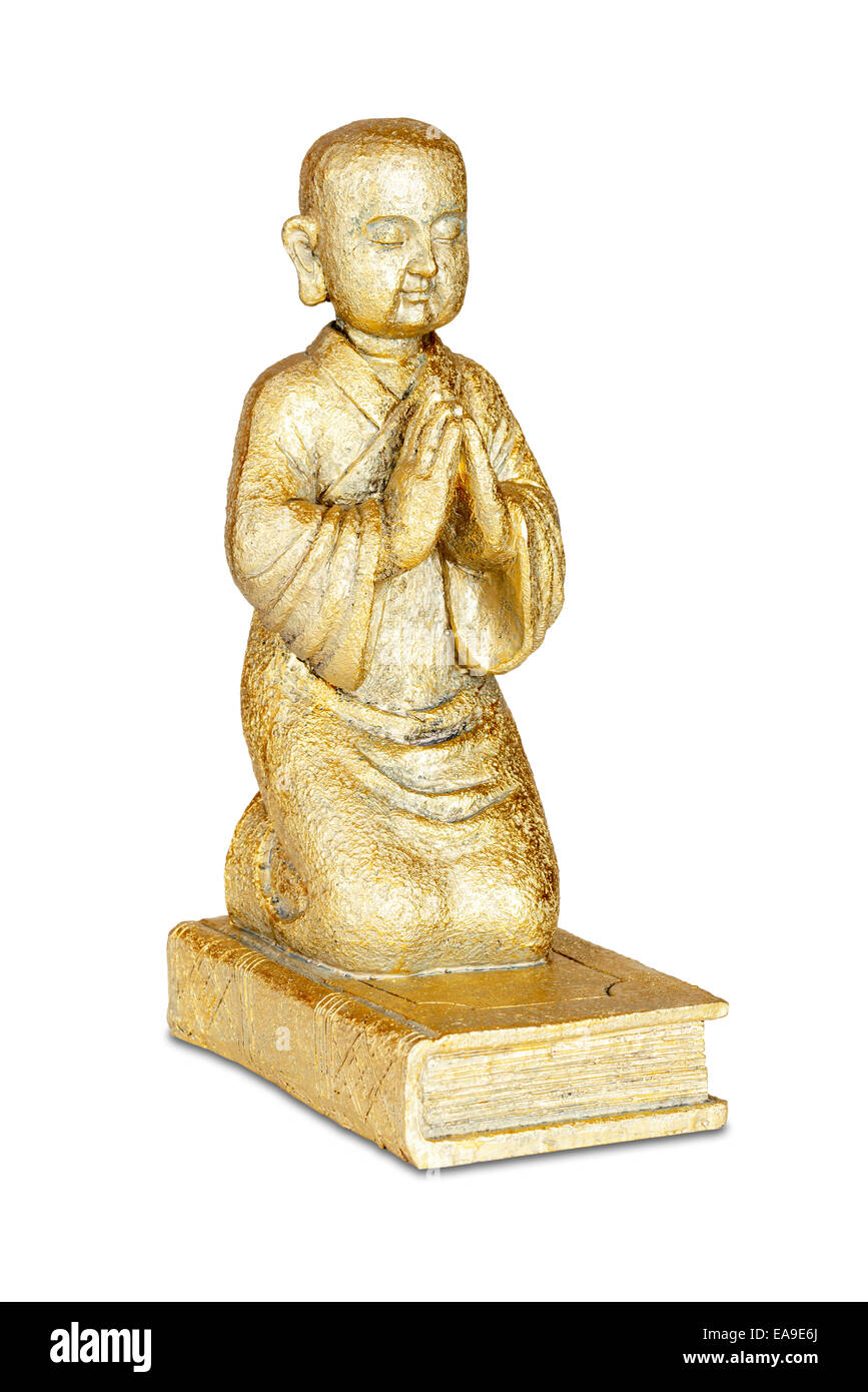Oro statua del Buddha isolato su bianco con tracciato di ritaglio Foto Stock