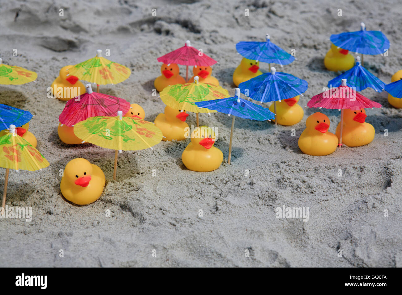 Le papere di gomma a rilassarci in spiaggia sotto gli ombrelloni. Foto Stock