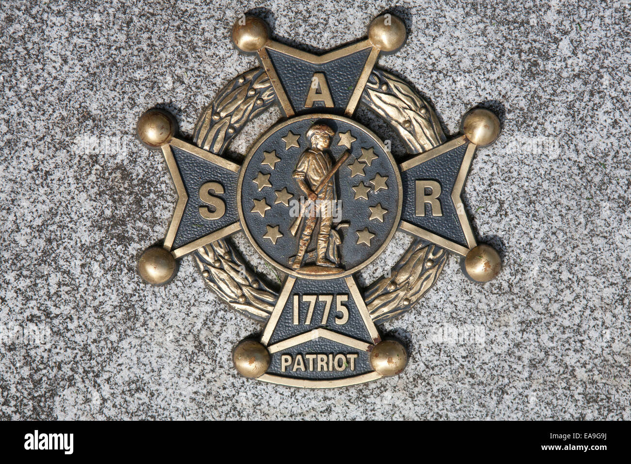 La placca di metallo che indica un membro dei Figli della Rivoluzione Americana. Foto Stock