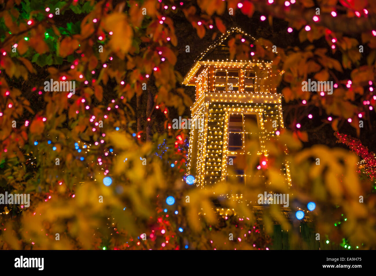 Colorate luci di Natale schiarire la festosa notti a Stone Mountain Park di Atlanta, Georgia, Stati Uniti d'America. Foto Stock