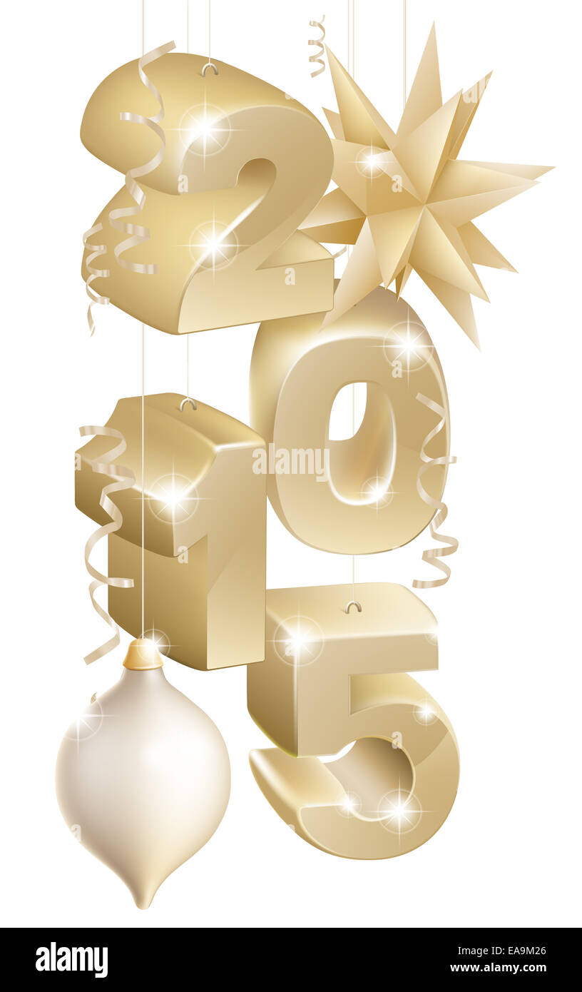 Oro Natale o Capodanno 2105 decorazioni star, nastri e baubles Foto Stock