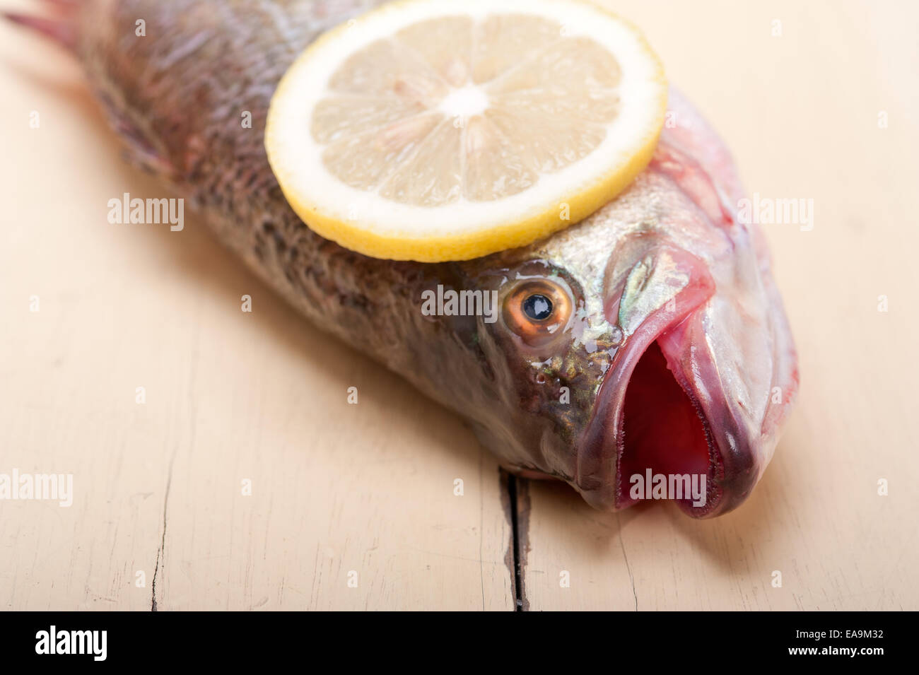 Tutto fresco pesce crudo su un tavolo di legno pronto per cucinare Foto Stock