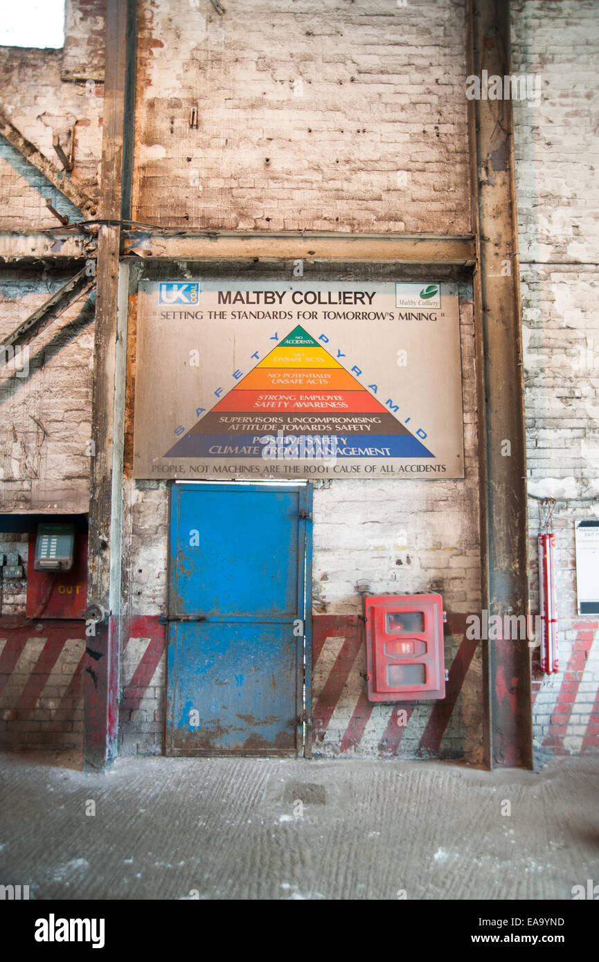 Maltby Main Colliery, South Yorkshire, fotografata nel 2014 prima della demolizione, un ricordo del patrimonio carbonifero britannico e dello sciopero dei minatori del 1984. Foto Stock