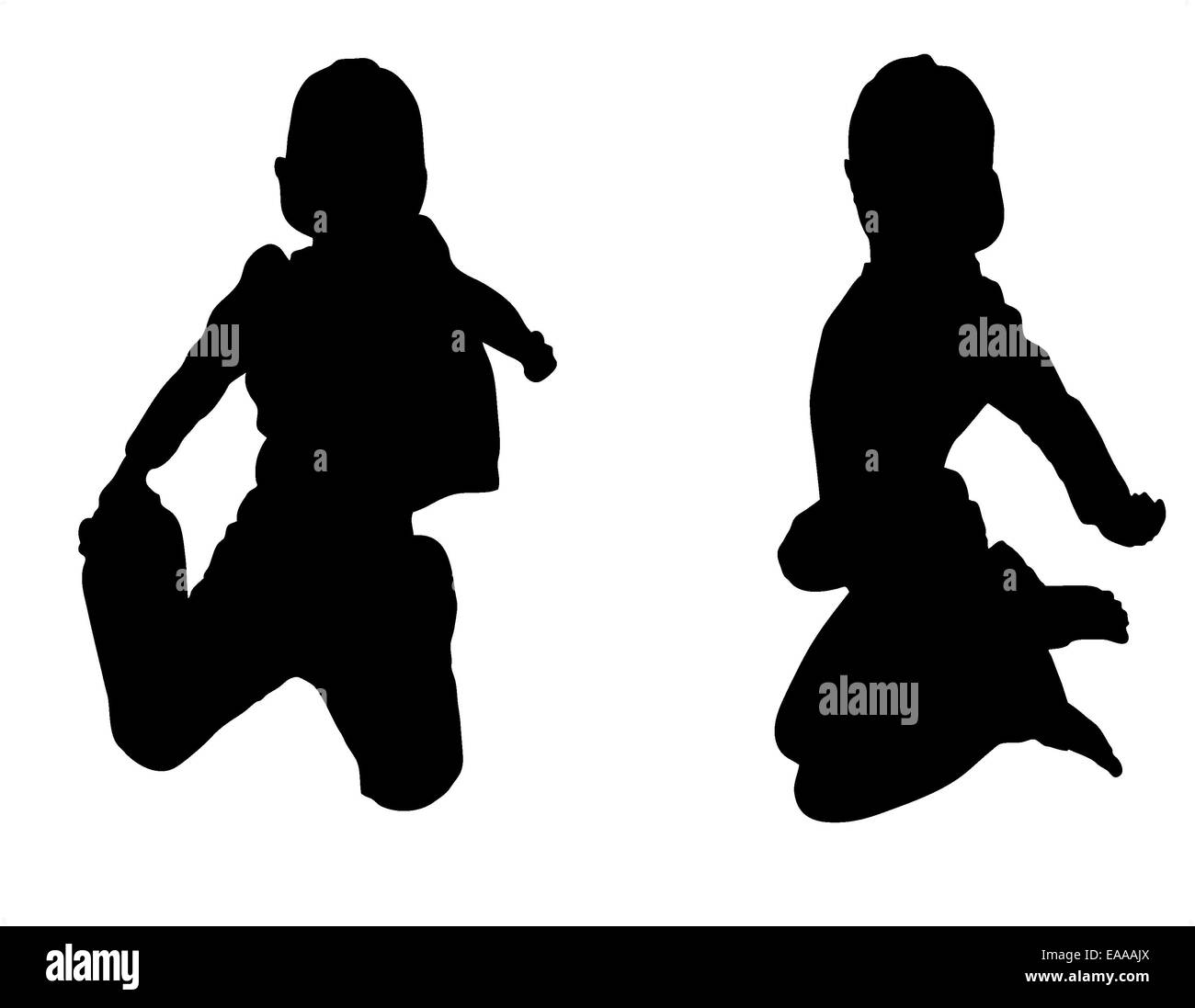Jumping bambino Silhouette su sfondo bianco Foto Stock