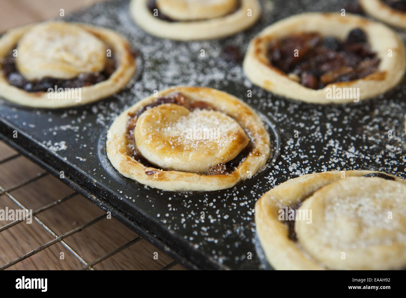 Un vassoio di casa fatta di torte con ingredienti foraged. Foto Stock