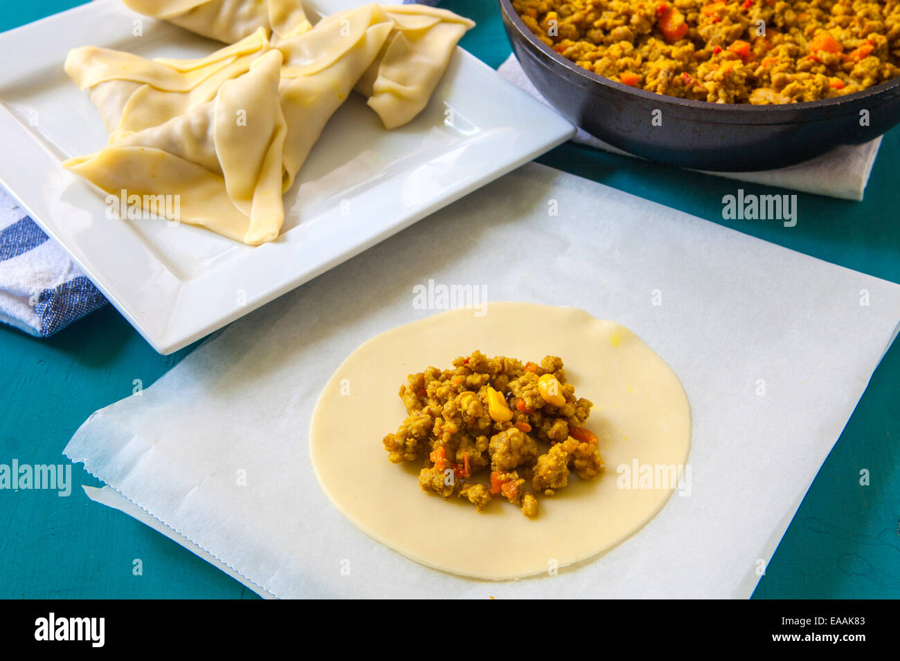 Samosa di riempimento con carne di agnello e verdure Foto Stock