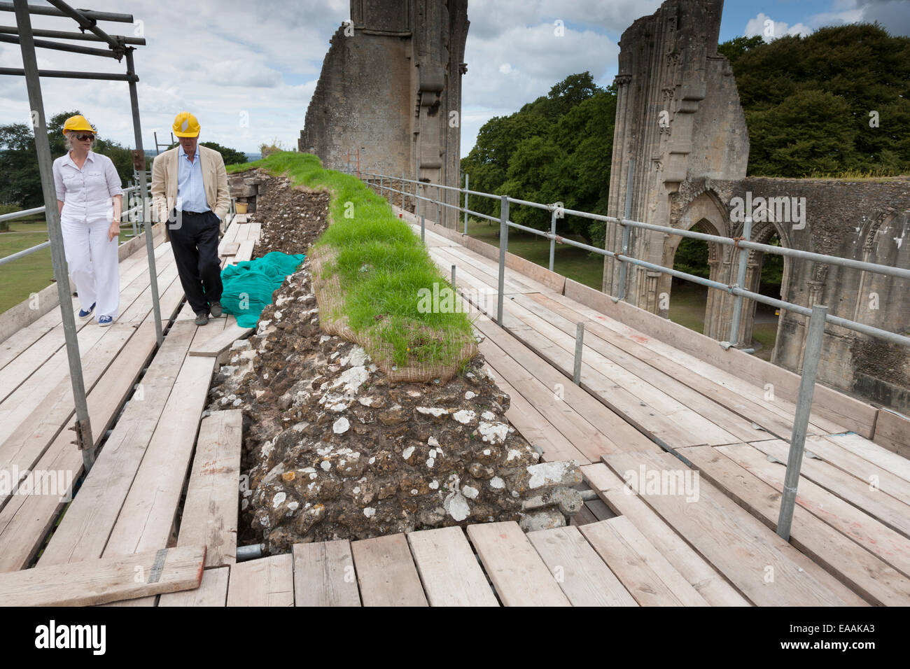 Ponteggio eretto per l'installazione di manti erbosi per proteggere le pareti in rovina dell Abbazia di Glastonbury, Somerset Foto Stock