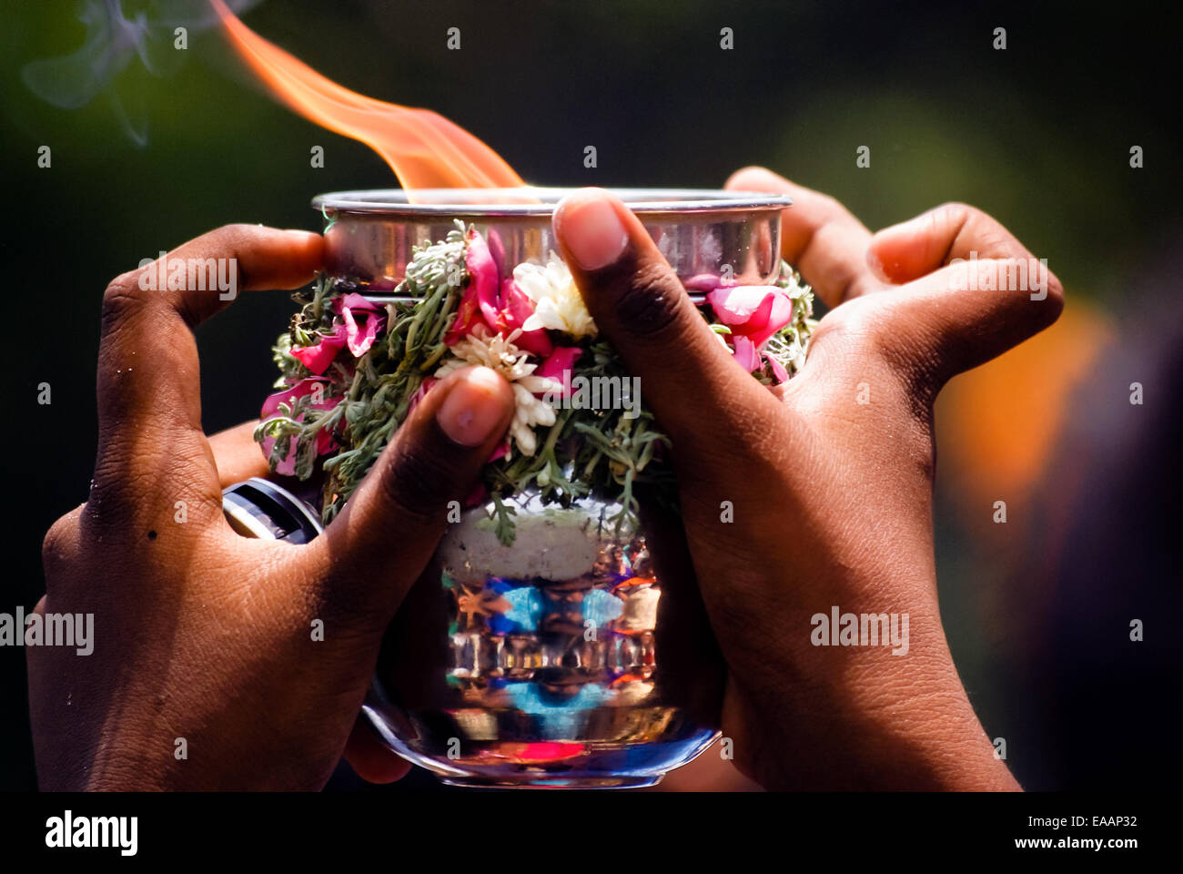 L offerta di un incendio presso un festival indù Foto Stock