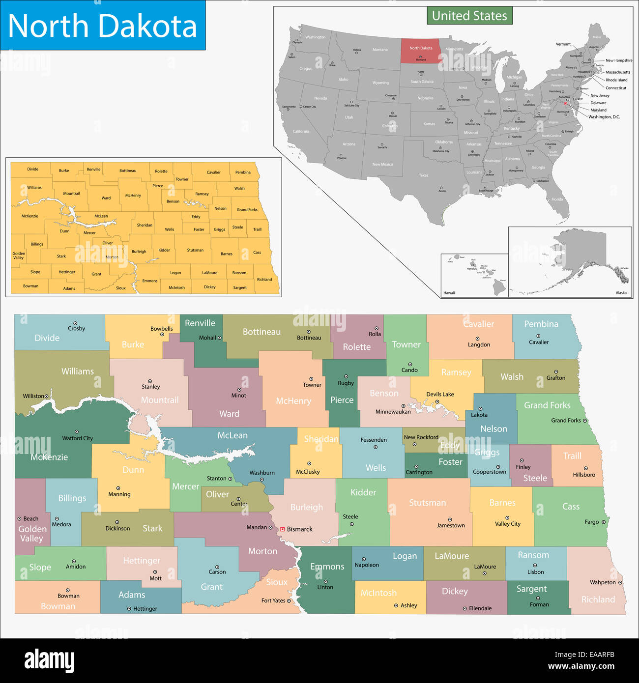 Mappa politica del dakota del nord immagini e fotografie stock ad alta
