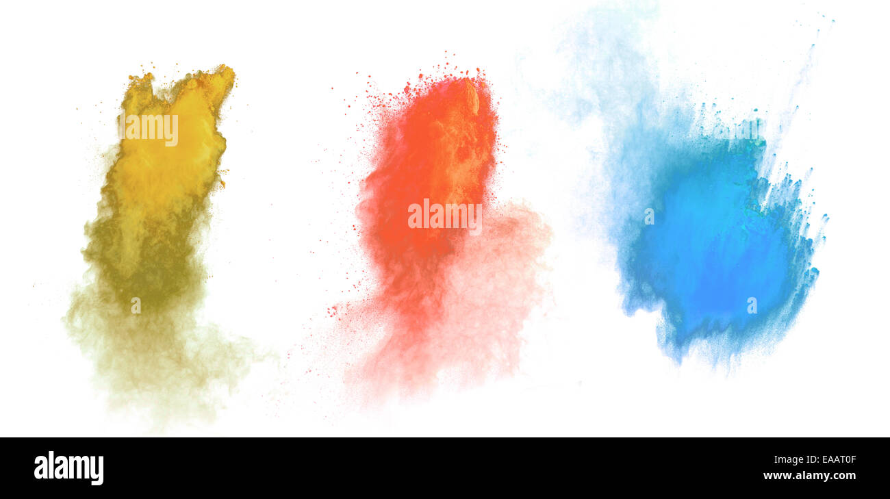 Bloccare il movimento della polvere colorata esplosione isolati su sfondo bianco Foto Stock