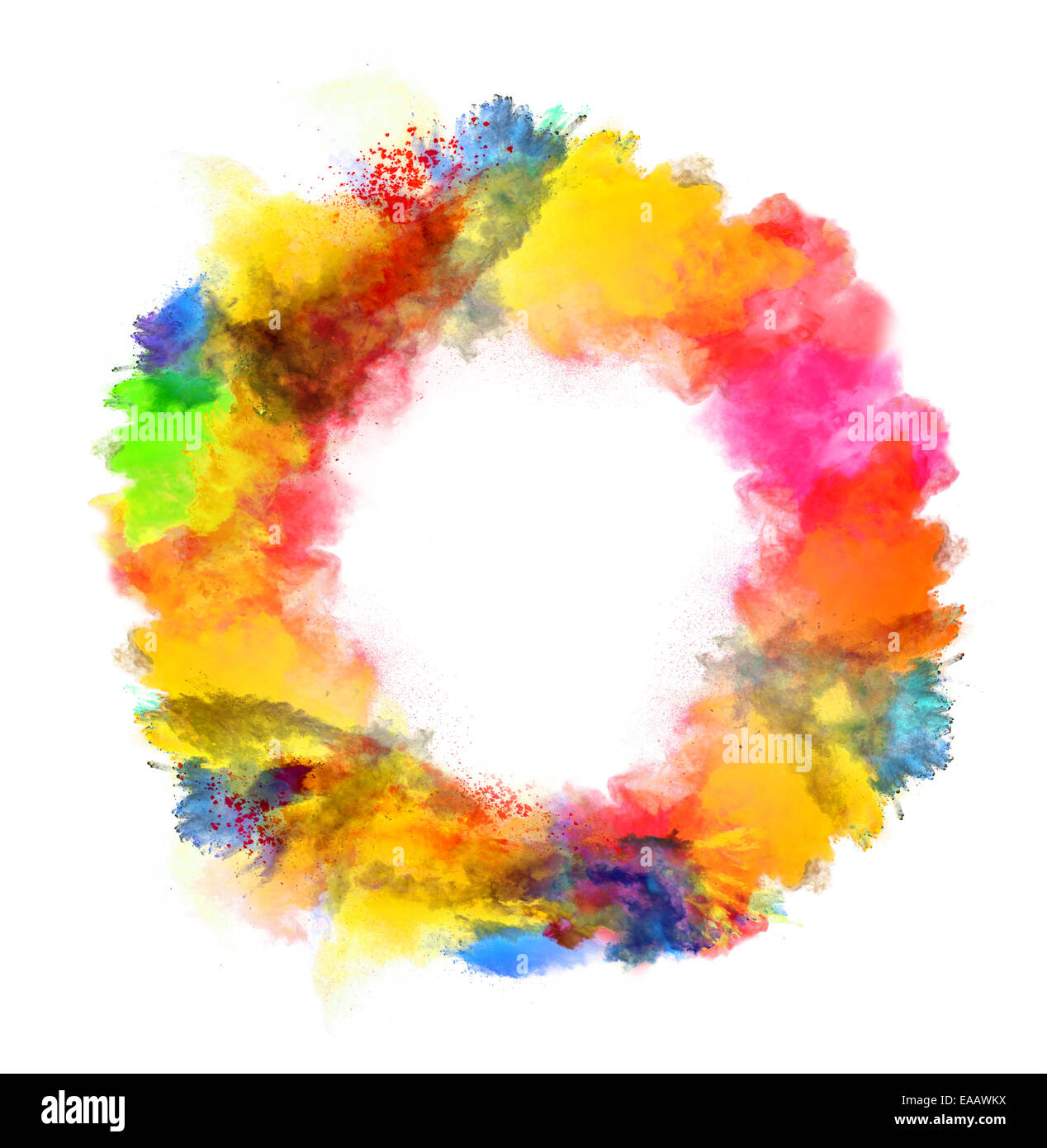 Bloccare il movimento della polvere colorata in forma rotonda isolati su sfondo bianco Foto Stock