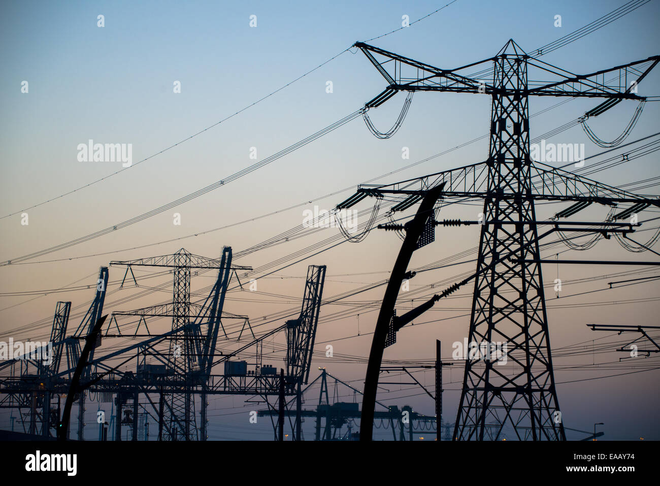 Sagome di cavi elettrici e Pali al tramonto in Olanda Foto Stock