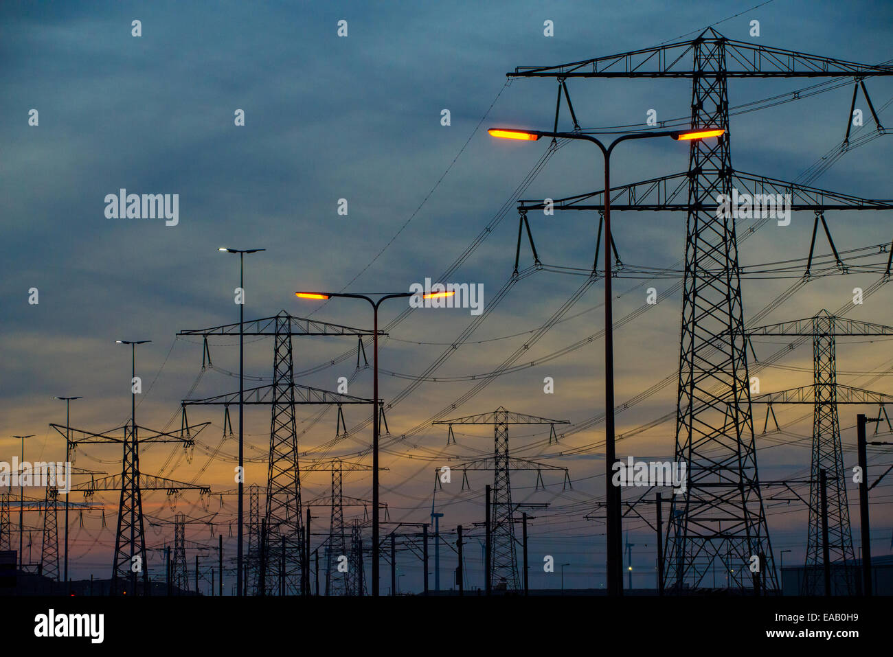 Sagome di cavi elettrici e Pali al tramonto in Olanda Foto Stock
