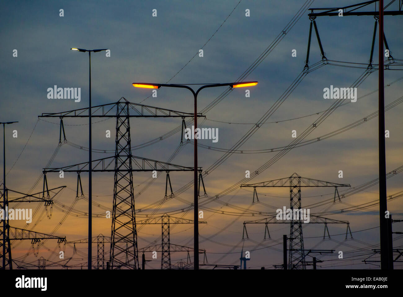 Sagome di cavi elettrici e Pali al tramonto in Olanda Foto Stock