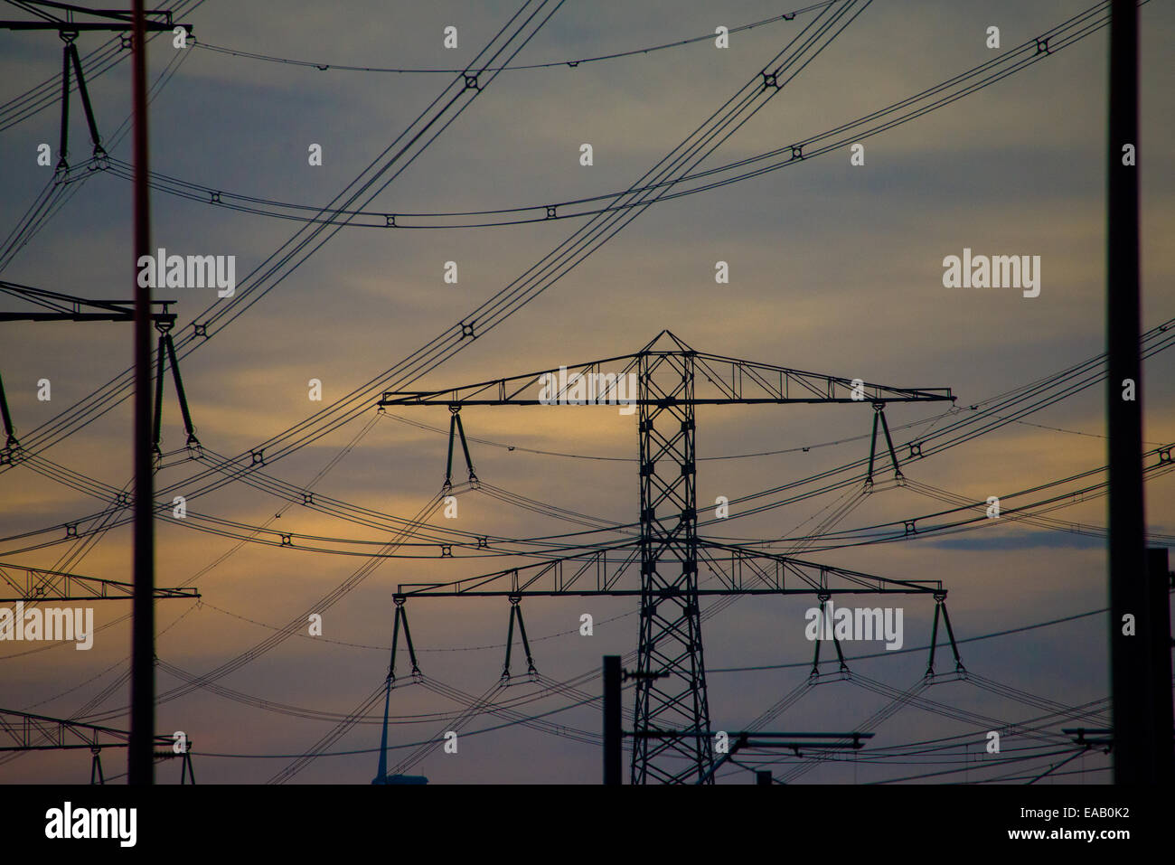 Sagome di cavi elettrici e Pali al tramonto in Olanda Foto Stock