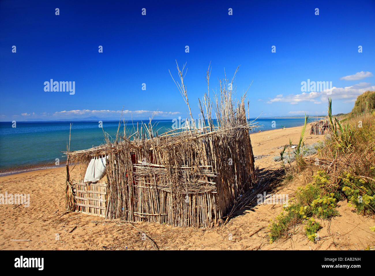 Fatte capanne di reed a Marathias beach, vicino al villaggio di Kourouta, Ileia, ("Elis'), Peloponneso e Grecia. Foto Stock