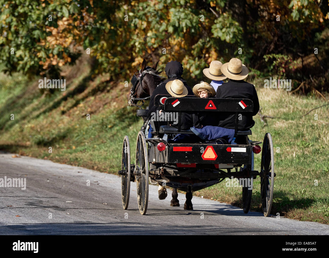 Famiglia Amish in cavallo e buggy, Ronks, Lancaster County, Pennsylvania, STATI UNITI D'AMERICA Foto Stock