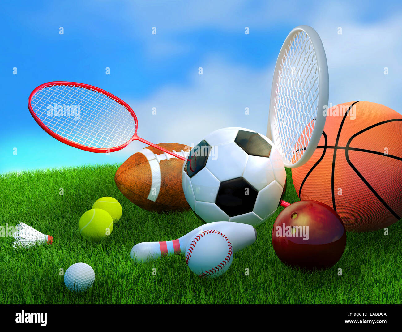 Un assortimento di attrezzature sportive tra cui una palla da basket, calcio,  palla da tennis, baseball, racchetta da tennis, calcio, birdie, badminton  Foto stock - Alamy